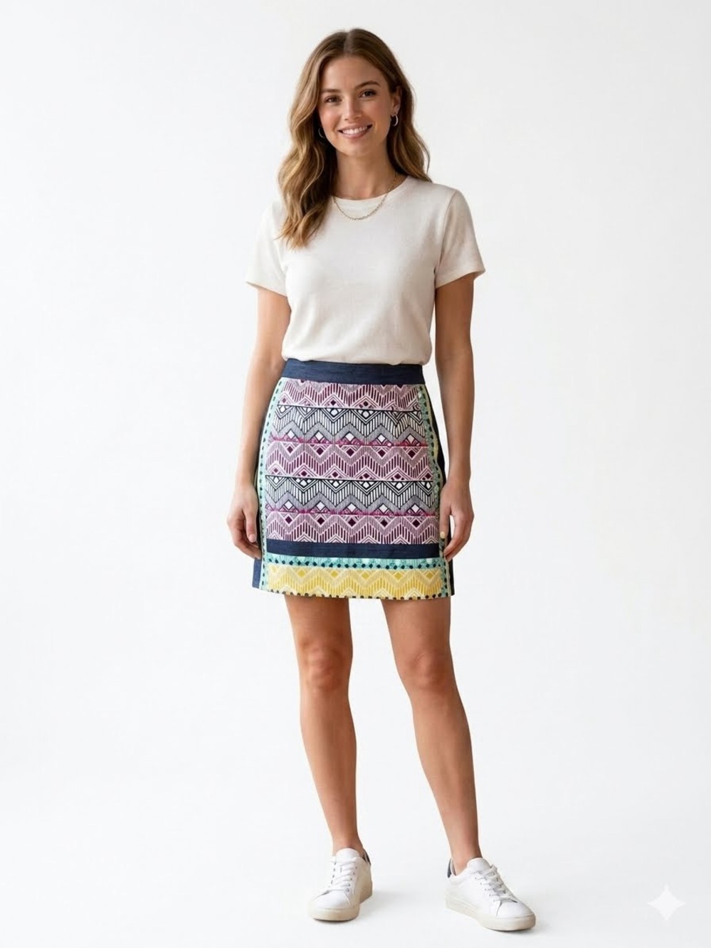 Nanette Lepore Silk Linen Geometric Pencil Skirt Denim Trim Made In USA Size 6